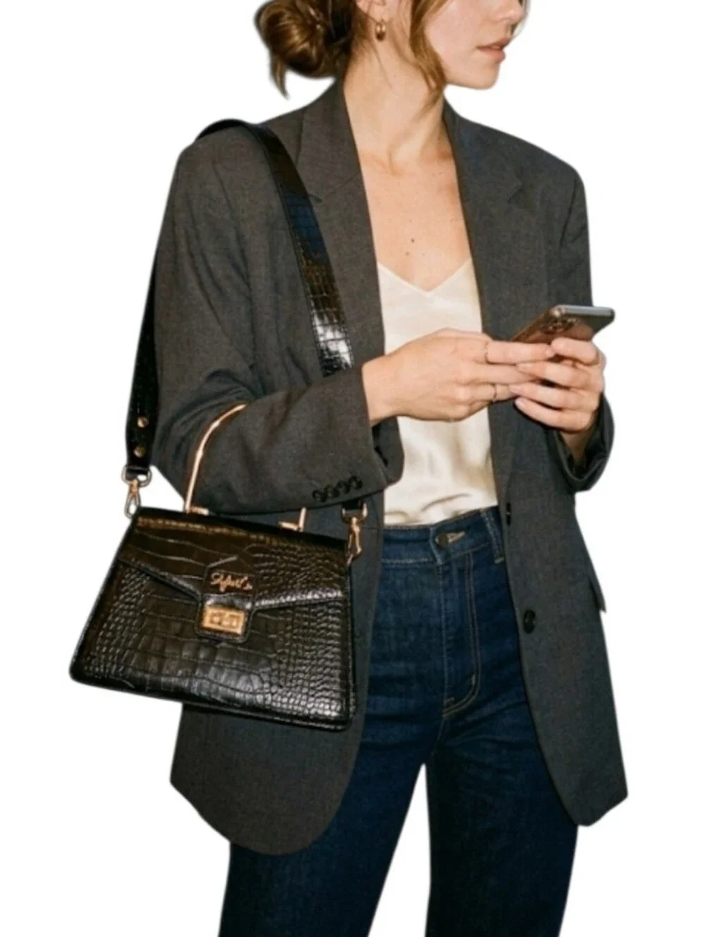 Shydiva Co Black Faux Croc-Embossed Top Handle Shoulder Bag